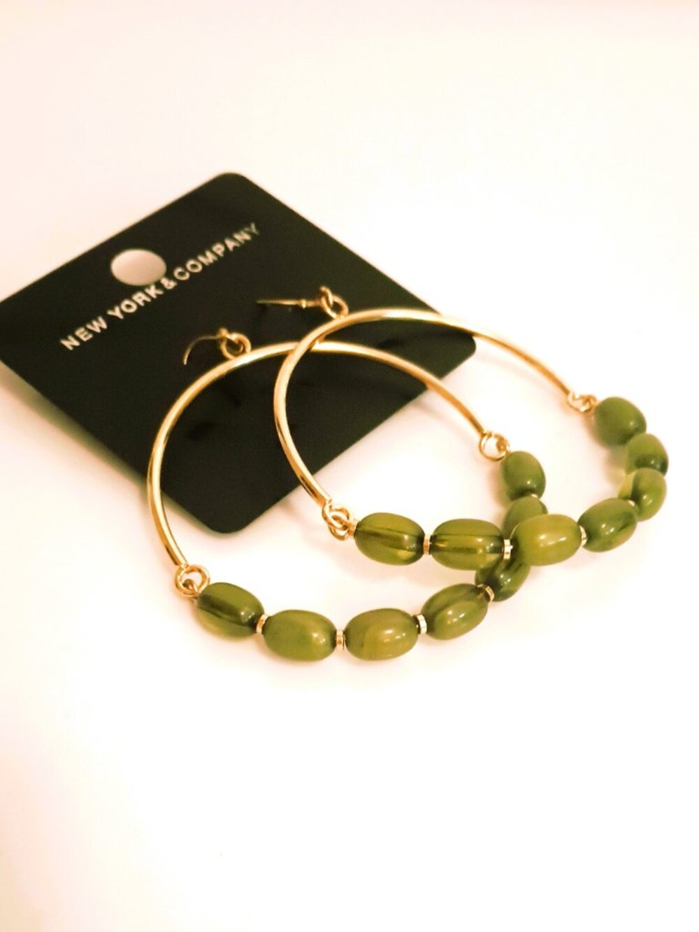NY & Co Green Beaded Hoop Earrings Gold Tone Wire Drop Flexible Boho Dangles